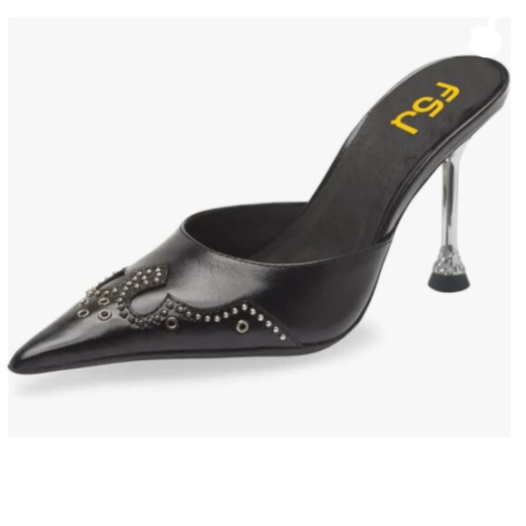FSJ Black Gorgeous Studded Pointed Toe Mules Stiletto High Heel Slip On Shoes - Picture 1 of 8